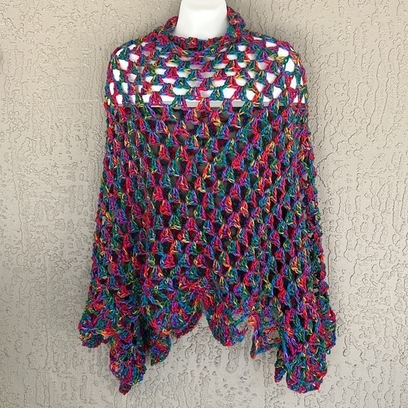 Hand Crafted Jackets & Blazers - Handmade Multicolor Open Knit Crochet Poncho One Size